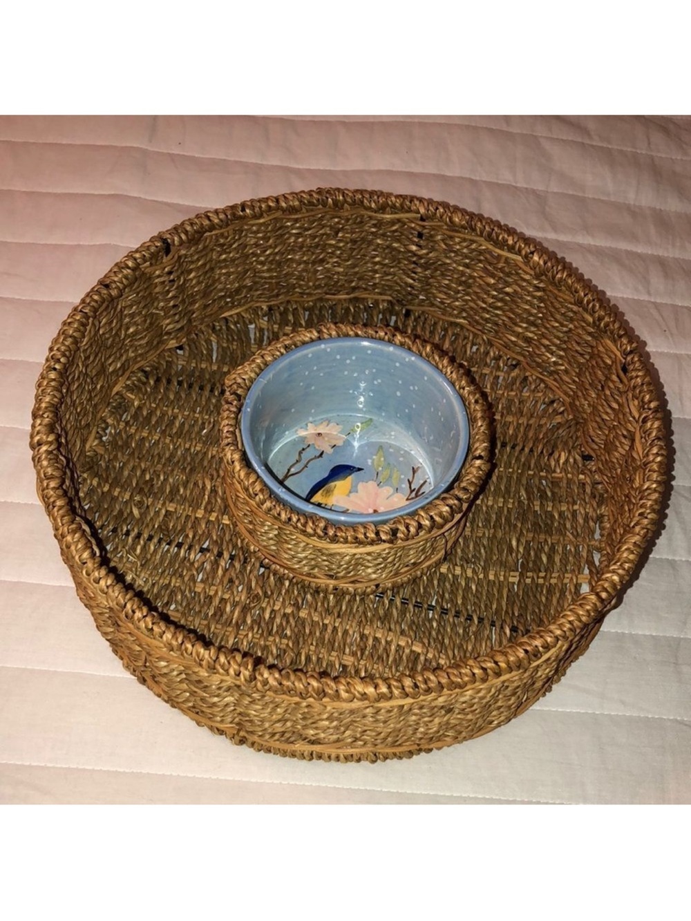 Wire Woven Straw Basket Serving Dish with a Dip Plate in the Middle